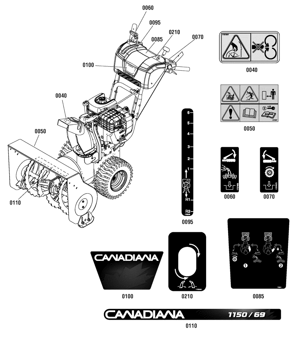 Decals Group Diagram and Parts List for 1696053-CM691150 2011 Briggs and Stratton Snow Blower